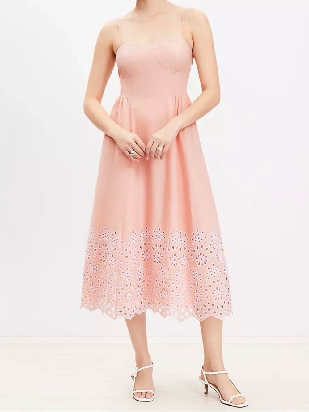 LOFT Blush Pink Daisy Eyelet Hem Spaghetti Strap Cotton Midi Dress Size 12P